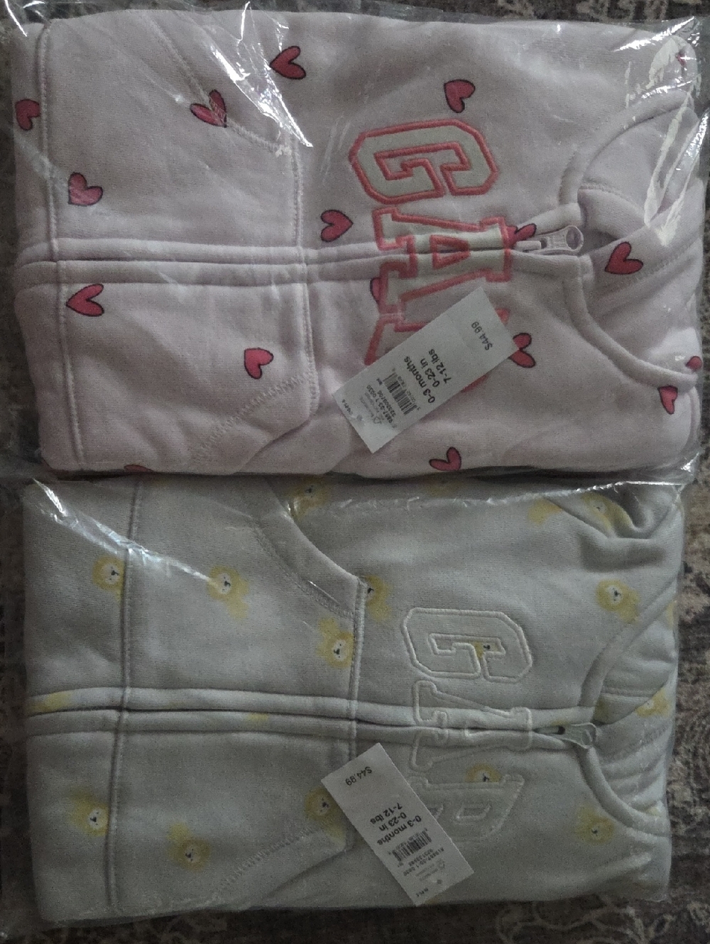GAP Baby Hooded Zip Onesies - Pink Hearts & Light Gray Duck Pattern QTY 2
